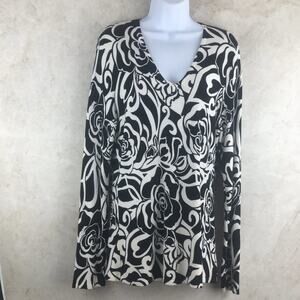 Cyrus Long-Sleeve Black and White Rose-Print Pull-Over Blouse Size XL